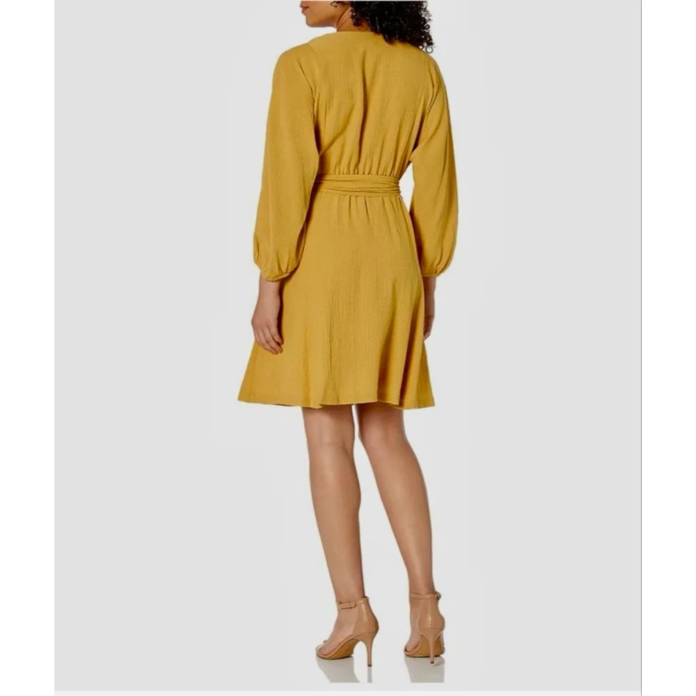 Calvin Klein Mustard Yellow Belted Wrap Dress Size 4 - Picture 2 of 11
